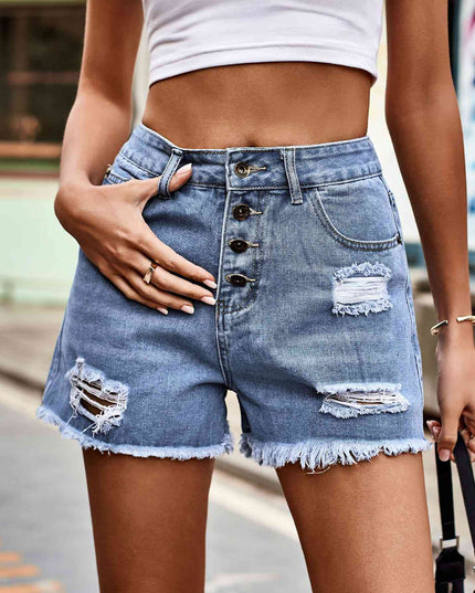 Distressed Button Fly Denim Shorts with Pockets