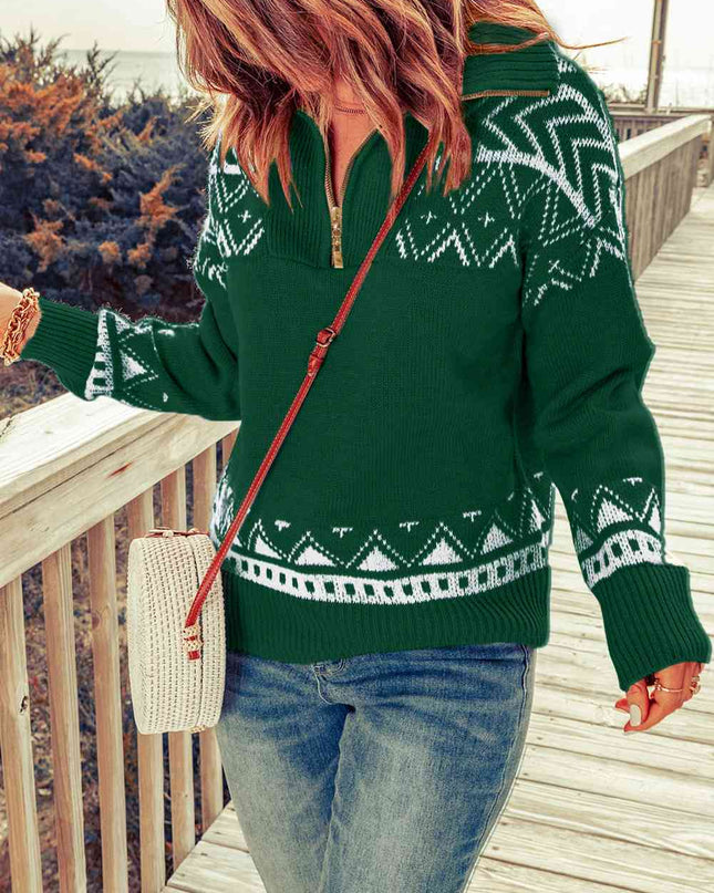 Zip-Up Mock Neck Dropped Shoulder Pullover Sweater
