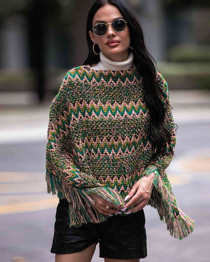 Fringe Hem Boat Neck Poncho