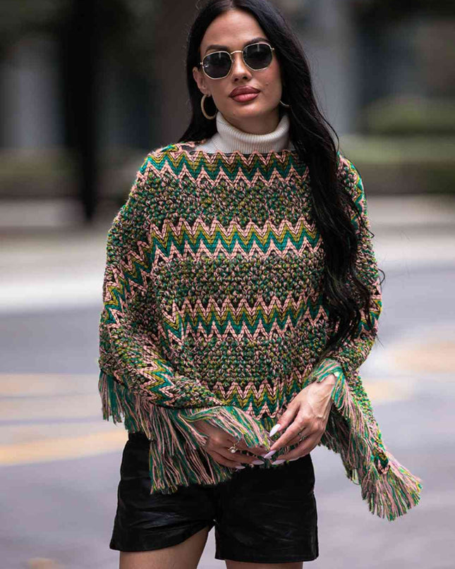 Fringe Hem Boat Neck Poncho