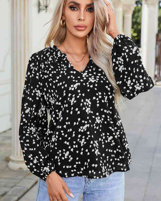 Double Take Printed Notched Neck Smocked Blouse