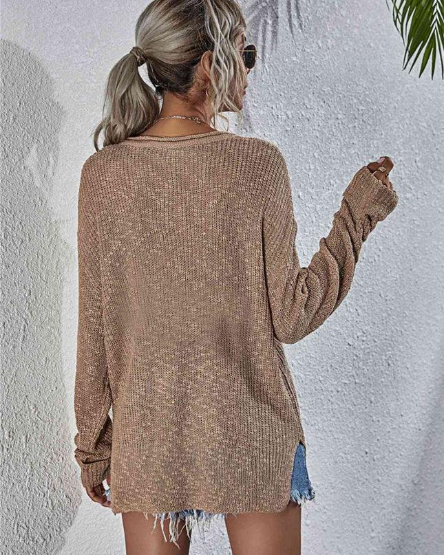 Notched Neck Slit Knit Top
