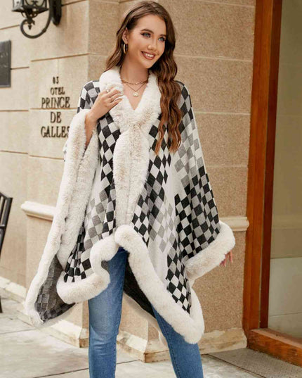 Checkered Faux Fur Trim Poncho