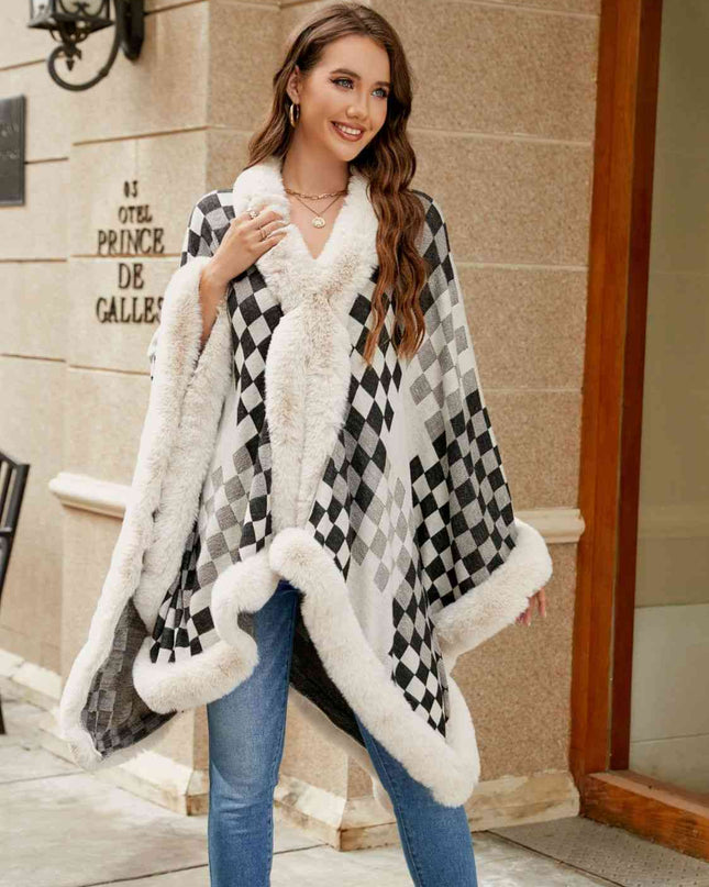 Checkered Faux Fur Trim Poncho