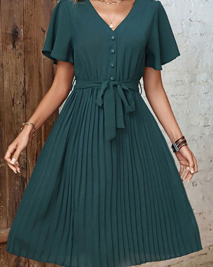 Buttoned V-Neck Flutter Sleeve Pleated Dress