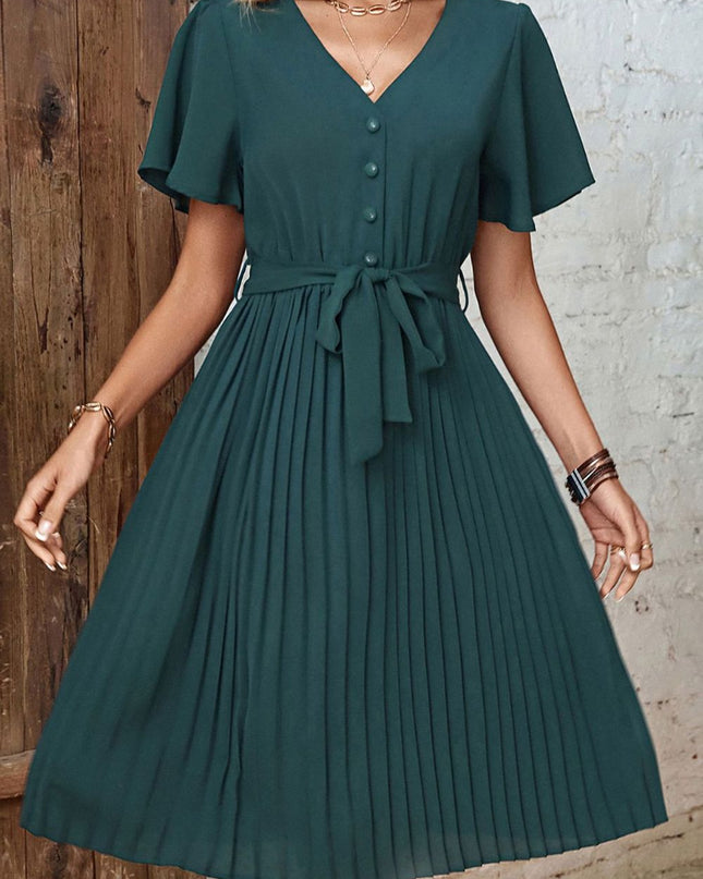 Buttoned V-Neck Flutter Sleeve Pleated Dress