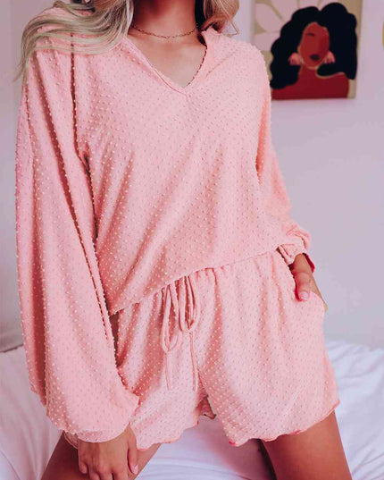Notched Neck Swissdot Dropped Shoulder Top and Tie Waist Shorts Set
