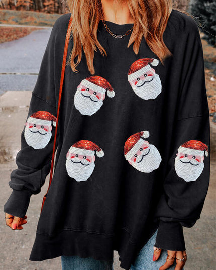 Sequin Santa Round Neck Slit Sweatshirt