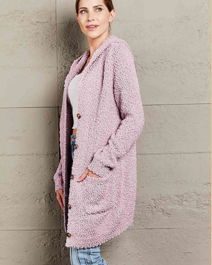 Double Take Popcorn-Knit Long Sleeve Hooded Cardigan