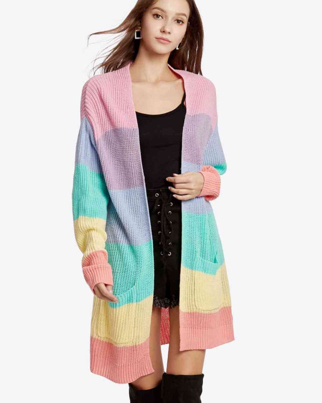 Color Block Open Front Drop Shoulder Cardigan with Pockets