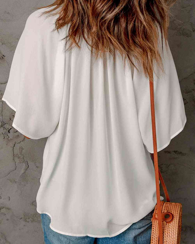 Gathered Detail Notched Neck Flutter Sleeve Top