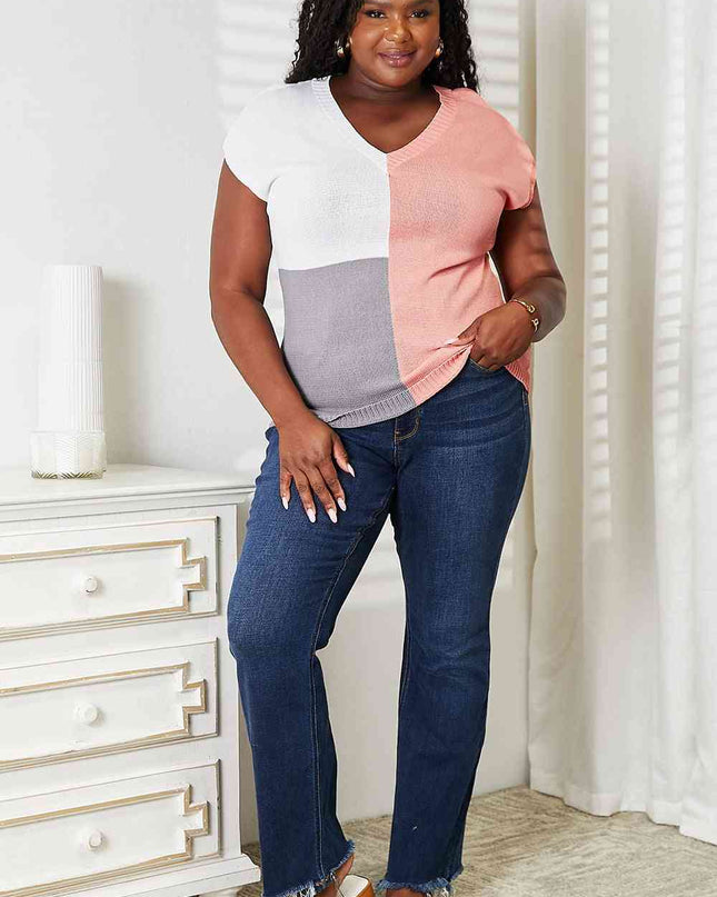 Double Take Color Block V-Neck Knit Top