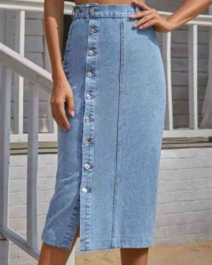Buttoned Split Denim Skirt
