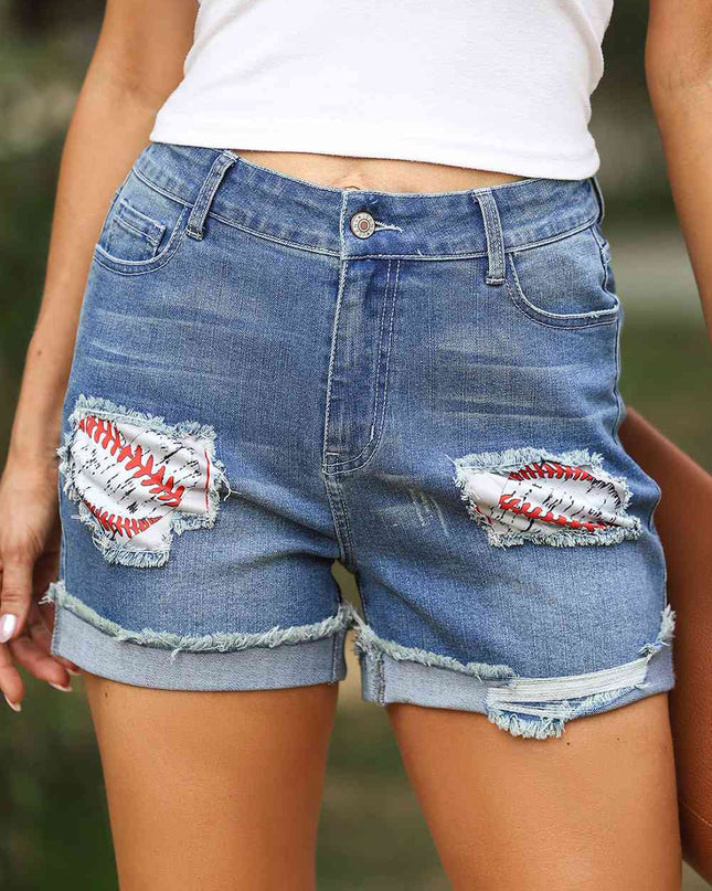 Printed Patch Raw Hem Denim Shorts