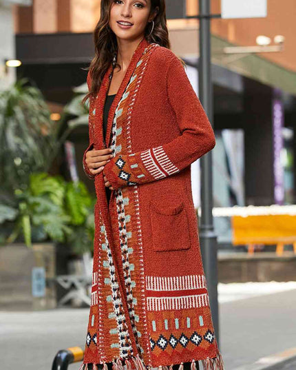 Bohemian Tassel Hem Open Front Duster Cardigan