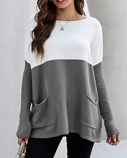 Two Tone Pullover Sweater with Pockets