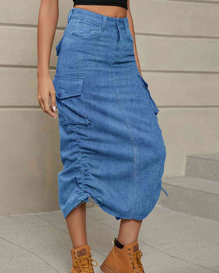Drawstring Ruched Slit Denim Midi Skirt
