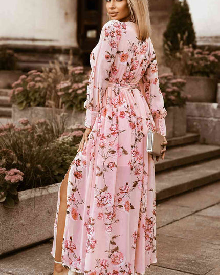 Floral Tie Belt Bishop Sleeve Slit Maxi Dress
