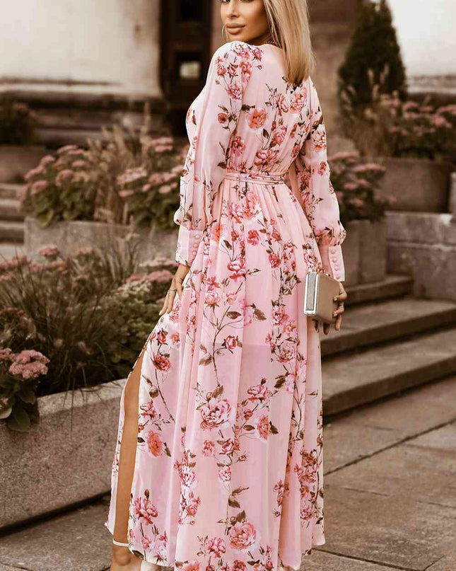 Floral Tie Belt Bishop Sleeve Slit Maxi Dress