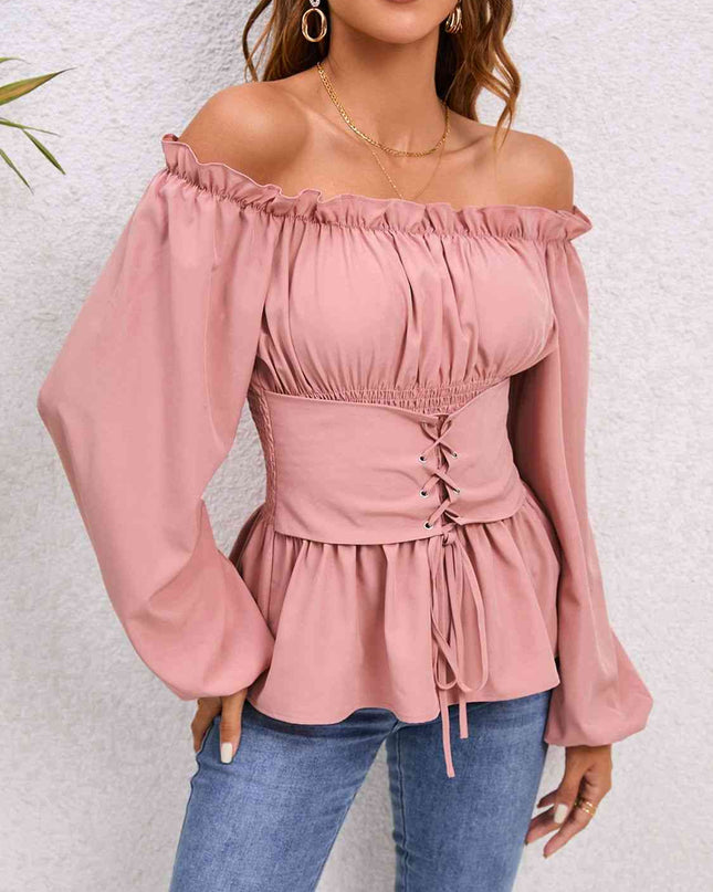 Lace-Up Balloon Sleeve Off-Shoulder Blouse