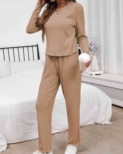 Round Neck Long Sleeve Top and Drawstring Pants Lounge Set