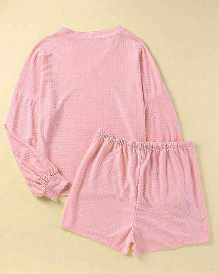 Notched Neck Swissdot Dropped Shoulder Top and Tie Waist Shorts Set