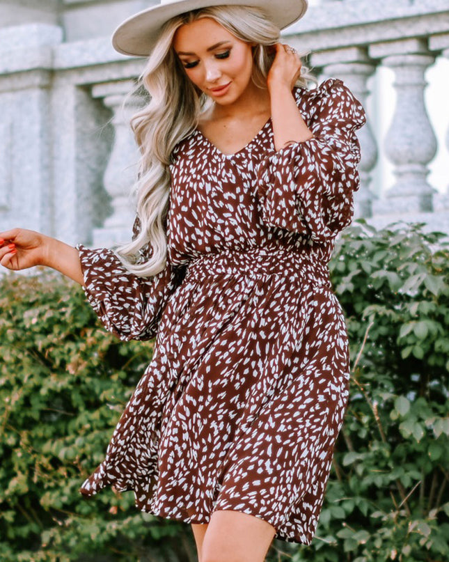 Printed Balloon Sleeve V-Neck Dress
