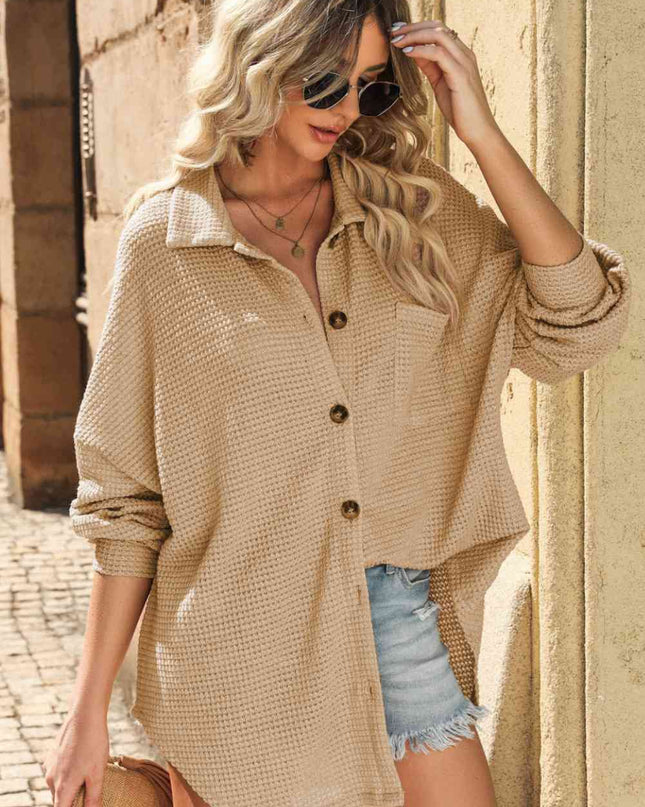 Waffle-Knit Collared Neck Dropped Shoulder Shirt
