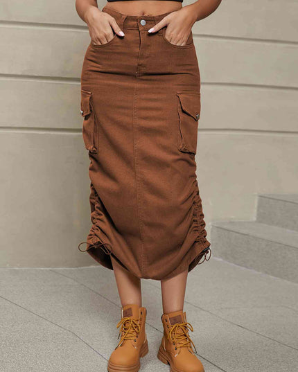 Drawstring Ruched Slit Denim Midi Skirt