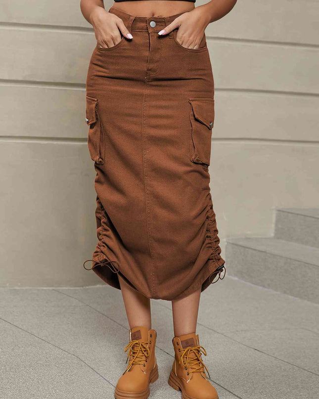 Drawstring Ruched Slit Denim Midi Skirt