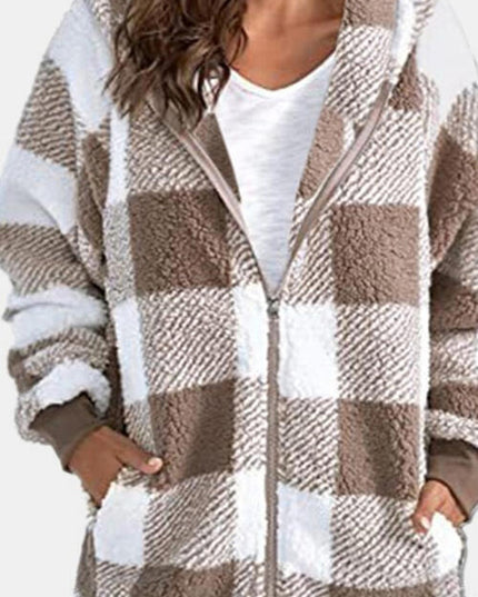 Plaid Zip Up Hooded Jacket with Pockets