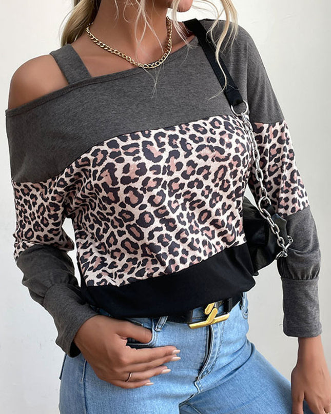 Leopard Print Color Block Cold  Shoulder Top