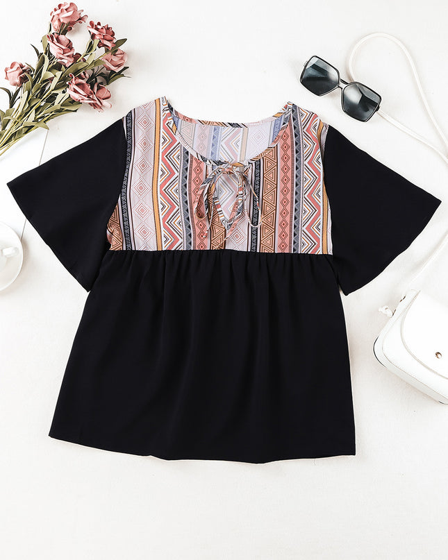 Geometric Print Color Block Tied Babydoll Blouse