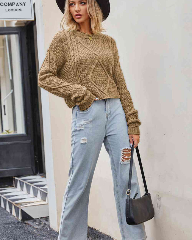 Cable-Knit Round Neck Dropped Shoulder Sweater