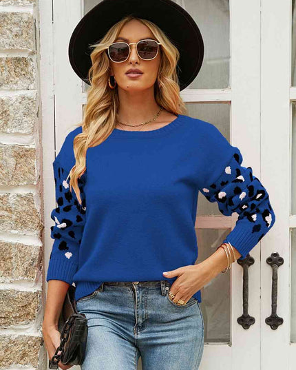 Woven Right Printed Dropped Shoulder Round Neck Sweater