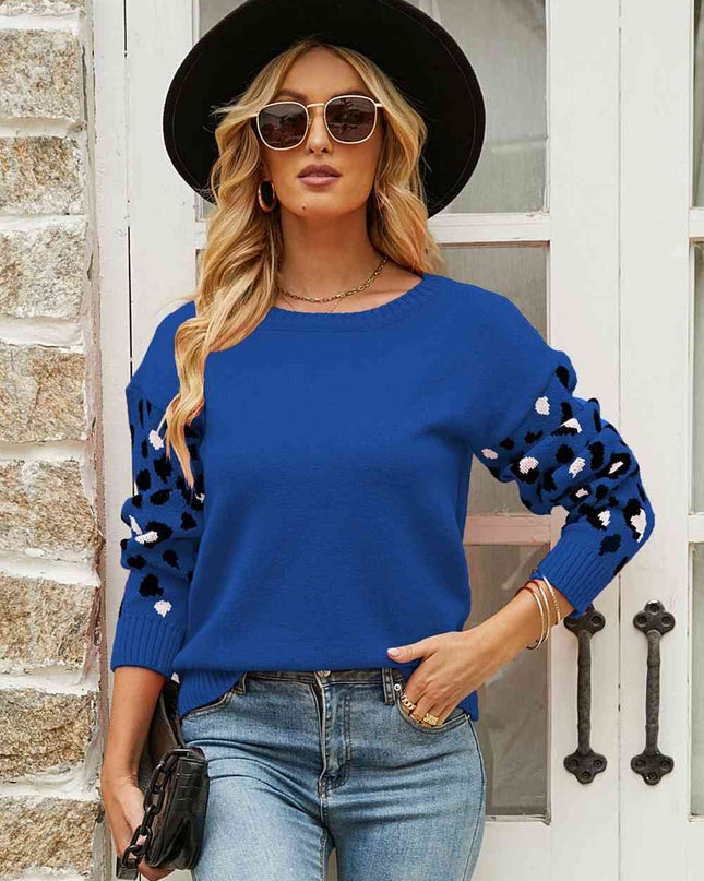 Woven Right Printed Dropped Shoulder Round Neck Sweater