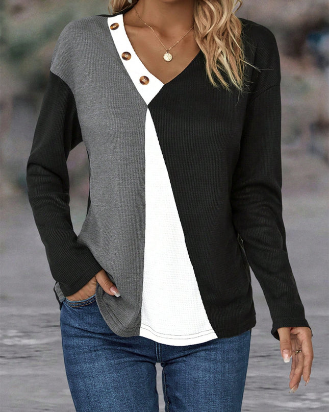 Color Block Decorative Button V-Neck Top