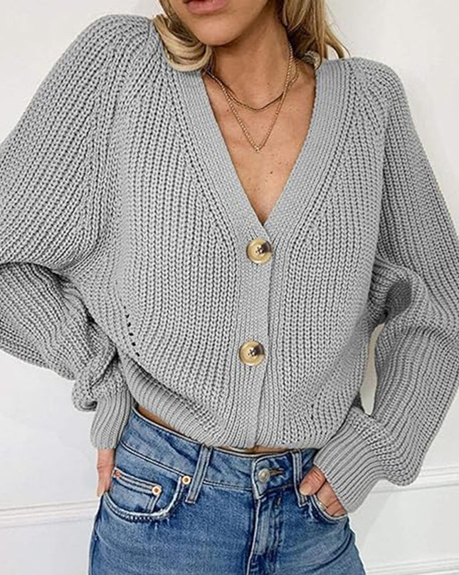 Button Up V-Neck Long Sleeve Cardigan