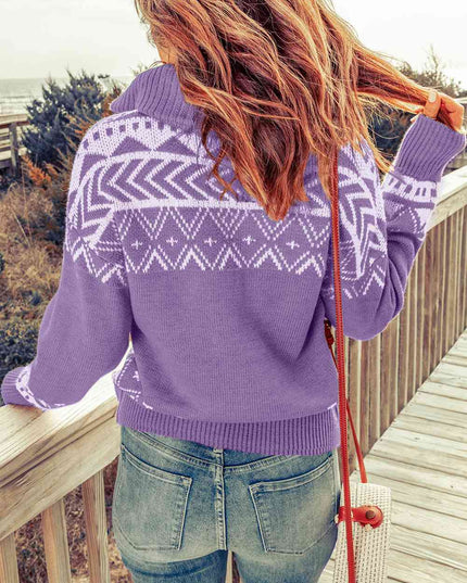 Zip-Up Mock Neck Dropped Shoulder Pullover Sweater
