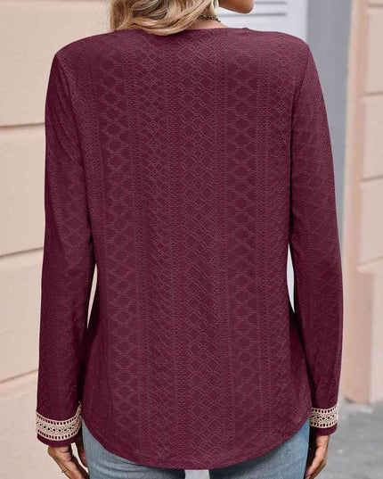 Double Take Contrast V-Neck Eyelet Long Sleeve Top