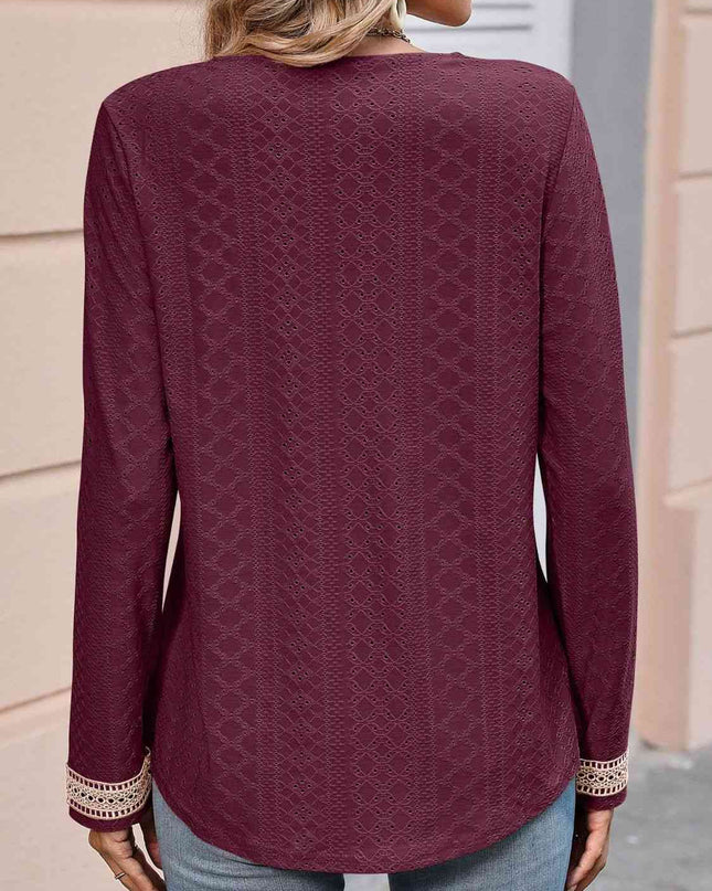 Double Take Contrast V-Neck Eyelet Long Sleeve Top