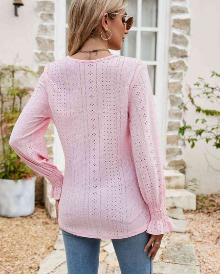 Eyelet Flounce Sleeve V-Neck Blouse
