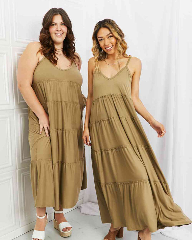 Zenana Full Size Spaghetti Strap Tiered Dress with Pockets in Khaki