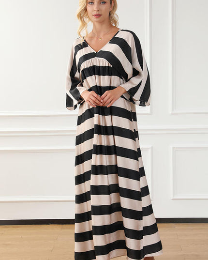 Striped V-Neck Ruched Dress