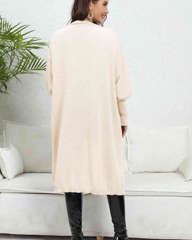 Lantern Sleeve Open Front Pocketed Cardigan