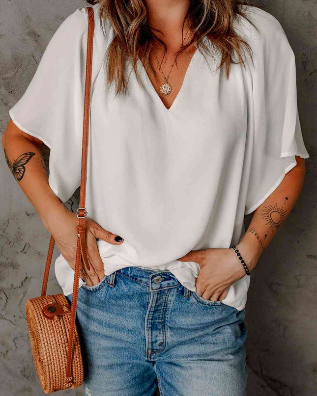Gathered Detail Notched Neck Flutter Sleeve Top