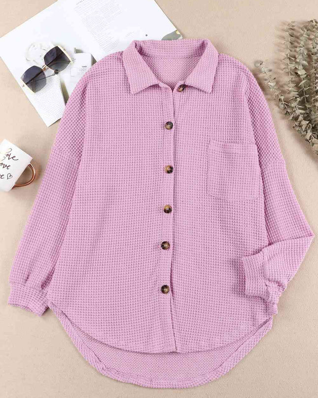 Waffle-Knit Button Up Long Sleeve Shirt with Pocket