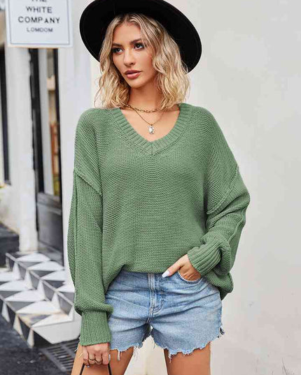 V-Neck Ribbed Dropped Shoulder Knit Top