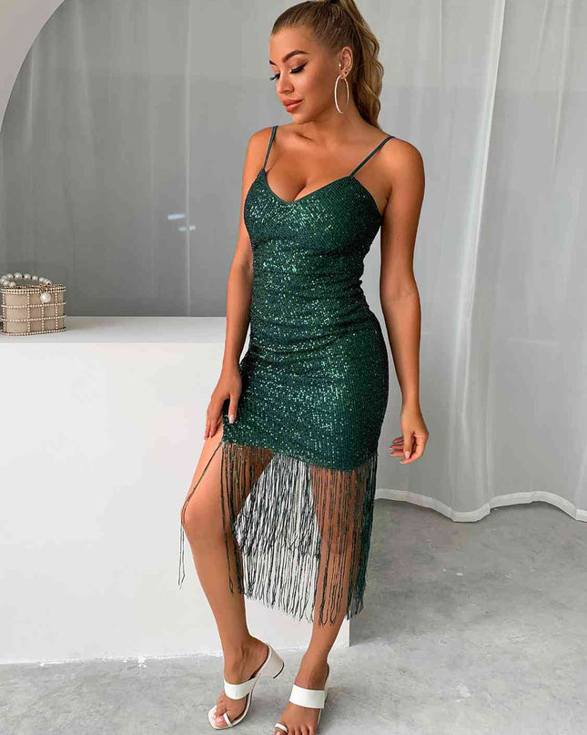 Sequin Fringe Spaghetti Strap Dress