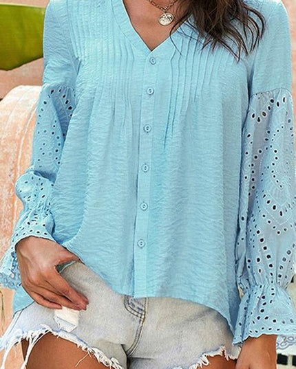 Crochet Flounce Sleeve Button Up Blouse